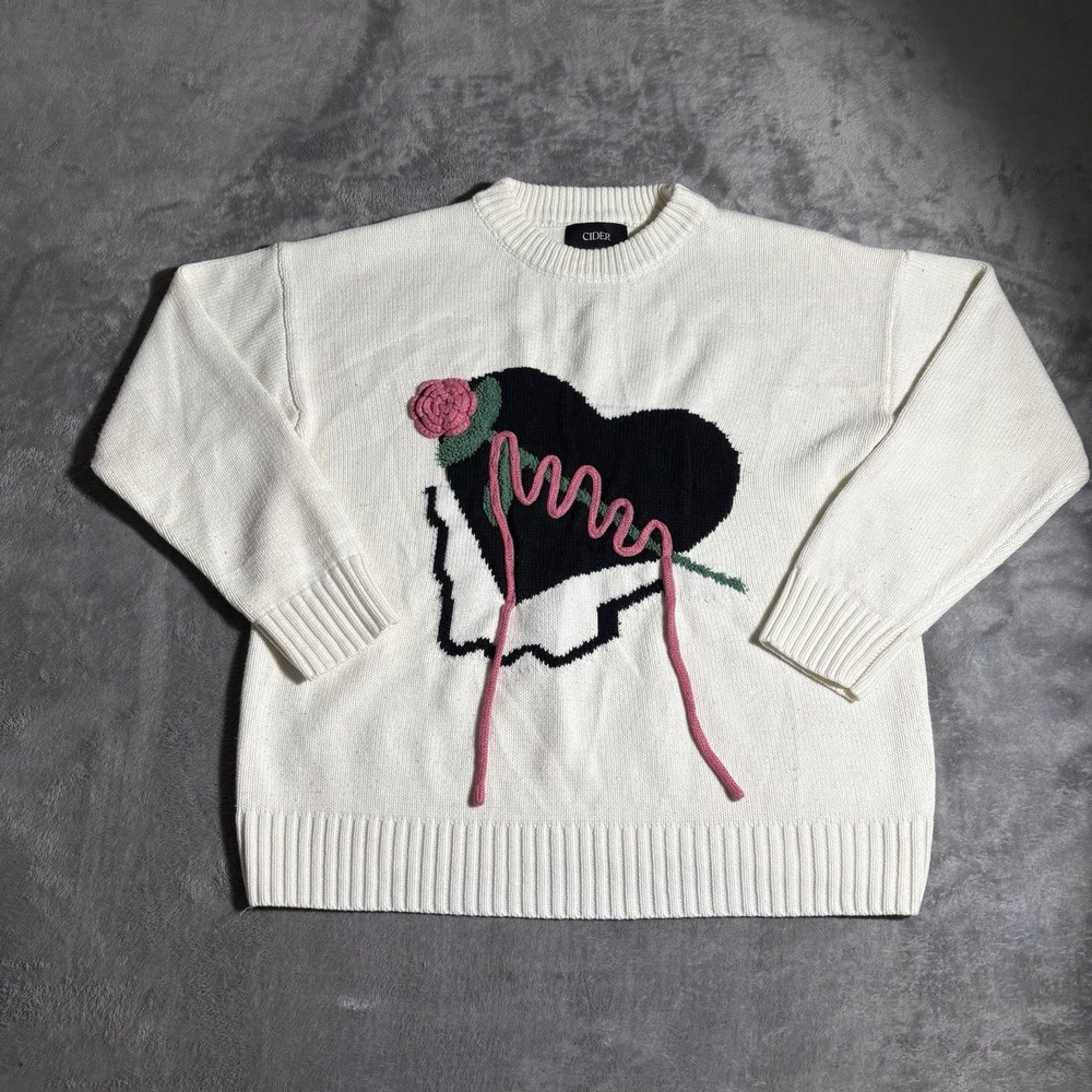 Cider Heart Embroidery Sweater Knit Pullover Cream Frose Y2K Trendy SZ Small